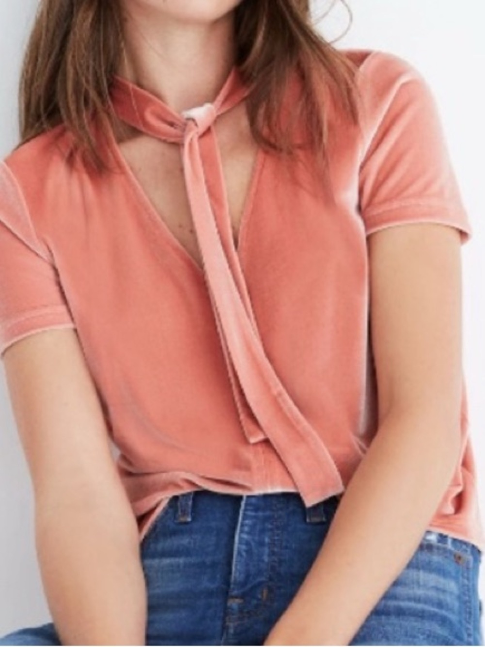 Madewell Coral Velour Tie-Neck Short Sleeve Top XL